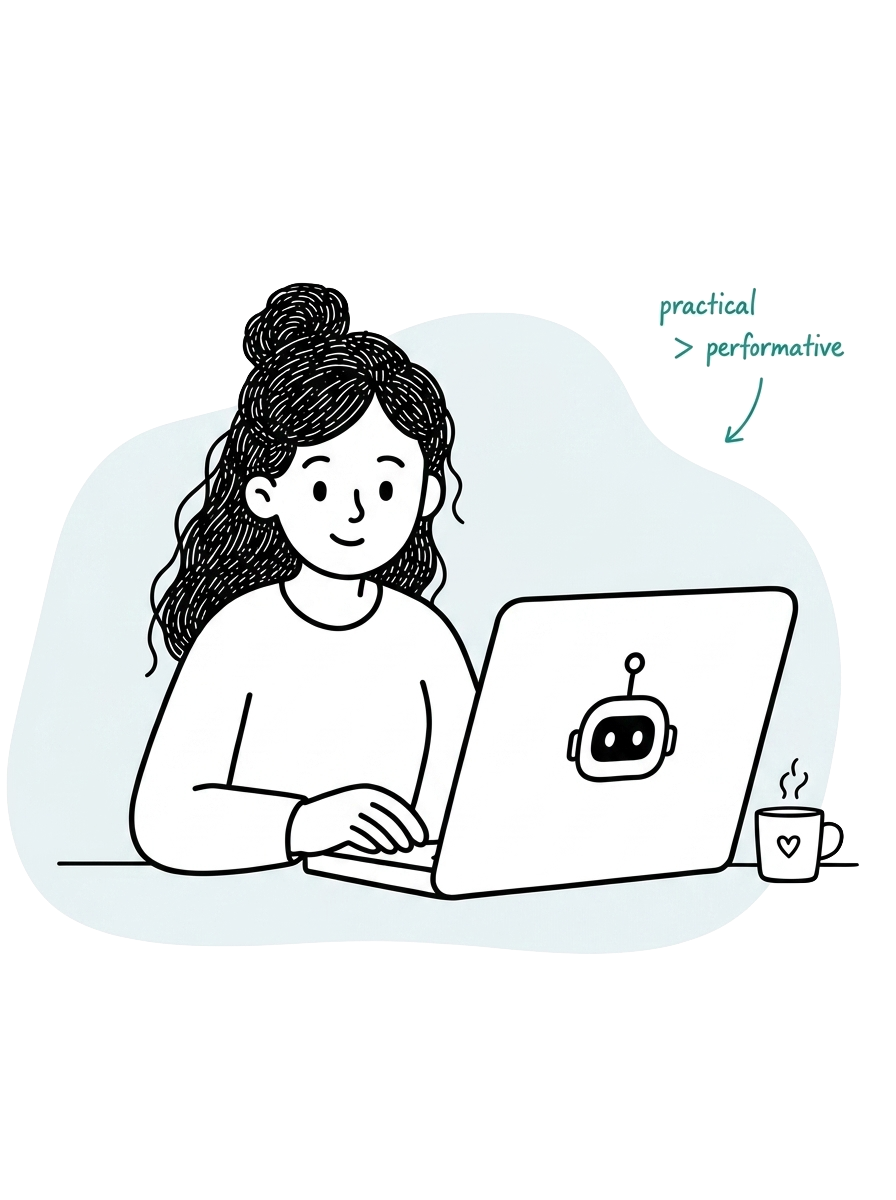 Line illustration of Moni sitting at a laptop with a robot on the screen and a heart mug beside her, with a handwritten note reading practical over performative